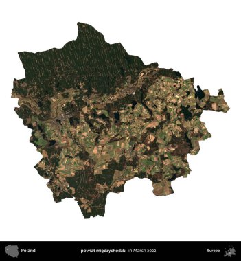 powiat miedzychodzki. Polonya idari bölgesi, Mart 2022 'de çekilen Kopernik Nöbetçi karolarından oluşan bir uydu görüntüsü üzerinde beyaza izole edildi.