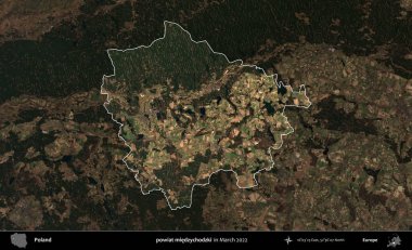 powiat miedzychodzki. Polonya 'nın idari alanı, Mart 2022' de çekilen Kopernik Nöbetçi karolarından oluşan koyu renkli bir uydu görüntüsü üzerine vurgulandı ve özetlendi.