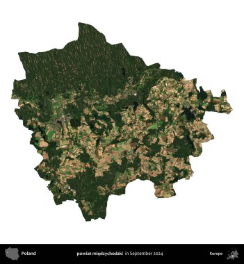 powiat miedzychodzki. Polonya idari bölgesi, Eylül 2024 'te çekilen Kopernik Nöbetçi karolarından oluşan bir uydu görüntüsü üzerinde beyaza izole edildi.