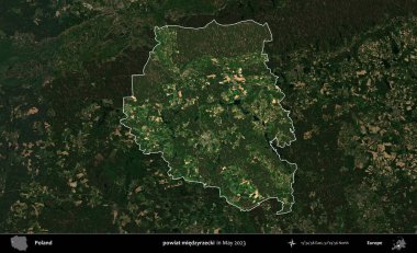 powiat miedzyrzecki. Polonya 'nın idari alanı, Mayıs 2023' te çekilen Kopernik Nöbetçi karolarından oluşan koyu renkli bir uydu görüntüsü üzerinde vurgulandı ve özetlendi.