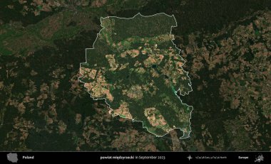 powiat miedzyrzecki. Polonya 'nın idari alanı, Eylül 2023' te çekilen Kopernik Nöbetçi karolarından oluşan koyu renkli bir uydu görüntüsü üzerine vurgulandı ve özetlendi.