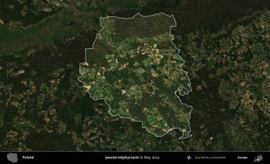 powiat miedzyrzecki. Polonya 'nın idari alanı, Mayıs 2024' te çekilen Kopernik Nöbetçi karolarından oluşan koyu renkli bir uydu görüntüsü üzerinde vurgulandı ve özetlendi.