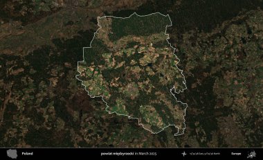 powiat miedzyrzecki. Polonya 'nın idari alanı, Mart 2025' te çekilen Kopernik Nöbetçi karolarından oluşan koyu renkli bir uydu görüntüsü üzerine vurgulandı ve özetlendi