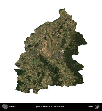 powiat mielecki. Polonya idari bölgesi, Ekim 2018 'de çekilen Kopernik Nöbetçi karolarından oluşan bir uydu görüntüsü üzerinde beyaza izole edildi.