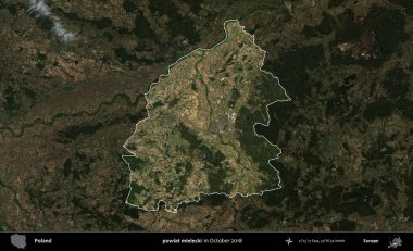 powiat mielecki. Polonya 'nın idari alanı, Ekim 2018' de çekilen Kopernik Nöbetçi karolarından oluşan koyu renkli bir uydu görüntüsü üzerine vurgulandı ve özetlendi
