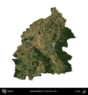 powiat mielecki. Polonya idari bölgesi, Eylül 2019 'da çekilen Kopernik Nöbetçi karolarından oluşan bir uydu görüntüsü üzerinde beyaza izole edildi.