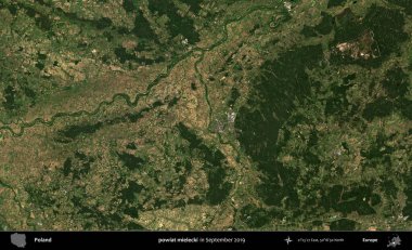 powiat mielecki. Eylül 2019 'da çekilen Kopernik Sentinel karolarından oluşan uydu görüntüsü üzerine Polonya' nın idari bölgesi