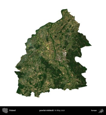 powiat mielecki. Polonya idari bölgesi, Mayıs 2021 'de çekilen Kopernik Nöbetçi Karolarından oluşan bir uydu görüntüsü üzerinde beyaza izole edildi.