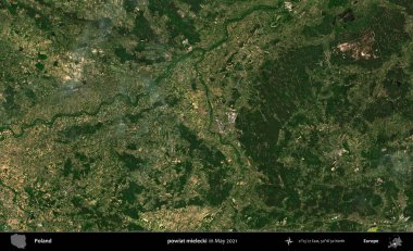 powiat mielecki. Copernicus Sentinel 'in Mayıs 2021' de çekilmiş uydu görüntüsü üzerine Polonya 'nın idari bölgesi.