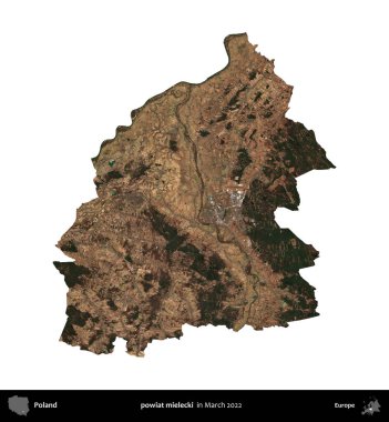 powiat mielecki. Polonya idari bölgesi, Mart 2022 'de çekilen Kopernik Nöbetçi karolarından oluşan bir uydu görüntüsü üzerinde beyaza izole edildi.