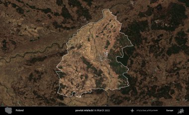 powiat mielecki. Polonya 'nın idari alanı, Mart 2022' de çekilen Kopernik Nöbetçi karolarından oluşan koyu renkli bir uydu görüntüsü üzerine vurgulandı ve özetlendi.