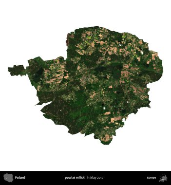 powiat milicki. Polonya idari bölgesi, Mayıs 2017 'de çekilen Kopernik Nöbetçi karolarından oluşan bir uydu görüntüsü üzerinde beyaza izole edildi.
