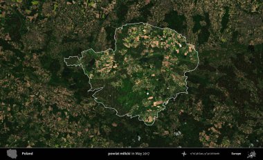 powiat milicki. Polonya 'nın idari alanı, Mayıs 2017' de çekilen Kopernik Nöbetçi karolarından oluşan koyu renkli bir uydu görüntüsü üzerinde vurgulandı ve özetlendi.