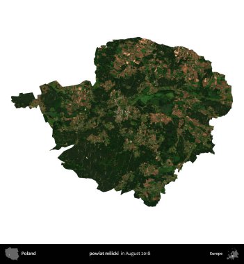 powiat milicki. Polonya idari bölgesi, Ağustos 2018 'de çekilen Kopernik Nöbetçi karolarından oluşan bir uydu görüntüsü üzerinde beyaza izole edildi.