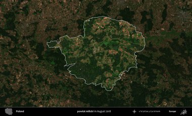 powiat milicki. Polonya 'nın idari alanı, Ağustos 2018' de çekilen Kopernik Nöbetçi karolarından oluşan koyu renkli bir uydu görüntüsü üzerine vurgulandı ve özetlendi