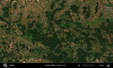 powiat milicki. Copernicus Sentinel 'in Ağustos 2018' de çekilmiş uydu görüntüsü üzerine Polonya 'nın idari bölgesi