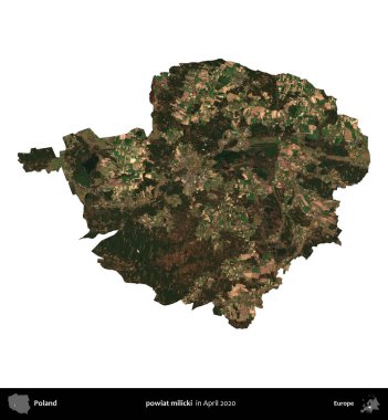powiat milicki. Polonya idari bölgesi, Nisan 2020 'de çekilen Kopernik Nöbetçi karolarından oluşan bir uydu görüntüsü üzerinde beyaza izole edildi.