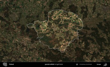 powiat milicki. Polonya 'nın idari alanı, Nisan 2020' de çekilen Kopernik Nöbetçi karolarından oluşan koyu renkli bir uydu görüntüsü üzerine vurgulandı ve özetlendi