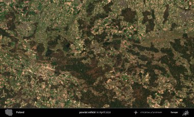 powiat milicki. Nisan 2020 'de Copernicus Sentinel karolarından oluşan bir uydu görüntüsü üzerine Polonya' nın idari bölgesi