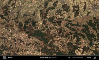 powiat milicki. Copernicus Sentinel 'in Mart 2022' de çekilmiş uydu görüntüsü üzerine Polonya 'nın idari bölgesi.