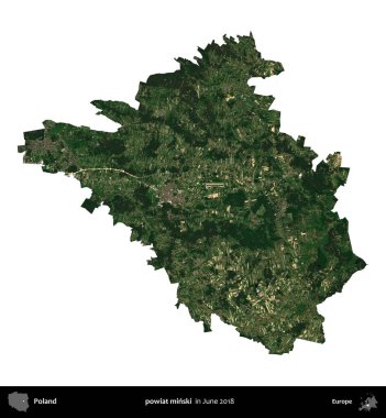 powiat minski. Polonya idari bölgesi, Haziran 2018 'de çekilen Kopernik Nöbetçi karolarından oluşan bir uydu görüntüsü üzerinde beyaza izole edildi.