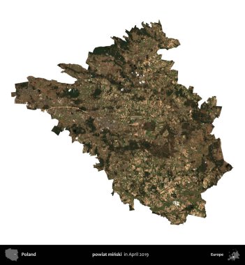 powiat minski. Polonya idari bölgesi, Nisan 2019 'da çekilen Kopernik Nöbetçi karolarından oluşan bir uydu görüntüsü üzerinde beyaza izole edildi.