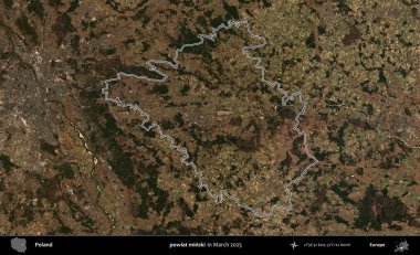 powiat minski. Polonya 'nın idari bölgesinin ana hatları, Mart 2025' te çekilen Kopernik Nöbetçi karolarından oluşan bir uydu görüntüsü üzerine çizildi.