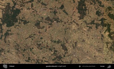 powiat mlawski. Nisan 2018 'de çekilen Kopernik Sentinel karolarından oluşan bir uydu görüntüsü üzerine Polonya' nın idari bölgesi