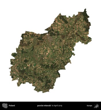 powiat mlawski. Polonya idari bölgesi, Nisan 2019 'da çekilen Kopernik Nöbetçi karolarından oluşan bir uydu görüntüsü üzerinde beyaza izole edildi.