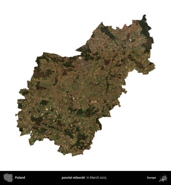 powiat mlawski. Polonya idari bölgesi, Mart 2025 'te çekilen Kopernik Nöbetçi karolarından oluşan bir uydu görüntüsü üzerinde beyaza izole edildi.
