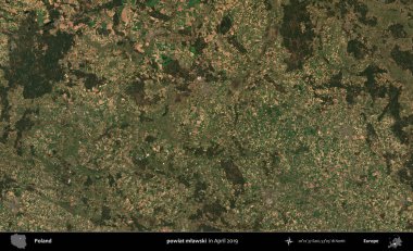 powiat mlawski. Nisan 2019 'da çekilen Kopernik Sentinel karolarından oluşan bir uydu görüntüsü üzerine Polonya' nın idari bölgesi
