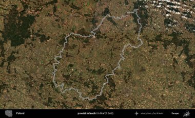 powiat mlawski. Polonya 'nın idari bölgesinin ana hatları, Mart 2025' te çekilen Kopernik Nöbetçi karolarından oluşan bir uydu görüntüsü üzerine çizildi.