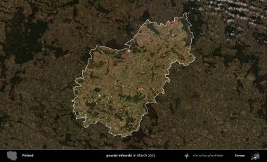 powiat mlawski. Polonya 'nın idari alanı, Mart 2025' te çekilen Kopernik Nöbetçi karolarından oluşan koyu renkli bir uydu görüntüsü üzerine vurgulandı ve özetlendi