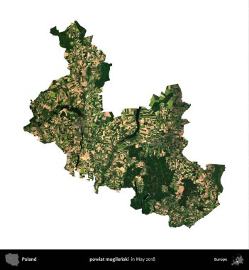 powiat mogilenski. Polonya 'nın idari bölgesi, Mayıs 2018' de çekilen Kopernik Nöbetçi Fayanslarından oluşan bir uydu görüntüsü üzerinde beyaza izole edildi.