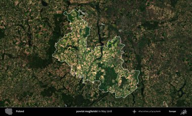 powiat mogilenski. Polonya 'nın idari alanı, Mayıs 2018' de çekilen Kopernik Nöbetçi karolarından oluşan koyu renkli bir uydu görüntüsüyle vurgulandı ve özetlendi