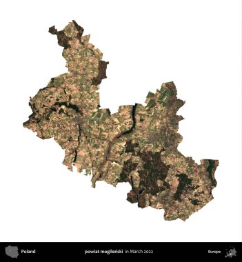 powiat mogilenski. Polonya idari bölgesi, Mart 2022 'de çekilen Kopernik Nöbetçi karolarından oluşan bir uydu görüntüsü üzerinde beyaza izole edildi.