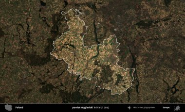 powiat mogilenski. Polonya 'nın idari alanı, Mart 2025' te çekilen Kopernik Nöbetçi karolarından oluşan koyu renkli bir uydu görüntüsü üzerine vurgulandı ve özetlendi