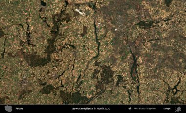 powiat mogilenski. Copernicus Sentinel 'in Mart 2025' te çekilmiş uydu görüntüsü üzerine Polonya 'nın idari bölgesi