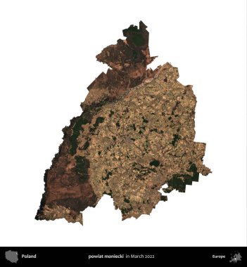 powiat moniecki. Polonya idari bölgesi, Mart 2022 'de çekilen Kopernik Nöbetçi karolarından oluşan bir uydu görüntüsü üzerinde beyaza izole edildi.