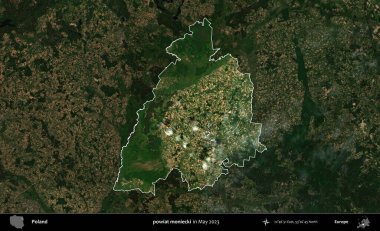 powiat moniecki. Polonya 'nın idari alanı, Mayıs 2023' te çekilen Kopernik Nöbetçi karolarından oluşan koyu renkli bir uydu görüntüsü üzerinde vurgulandı ve özetlendi.