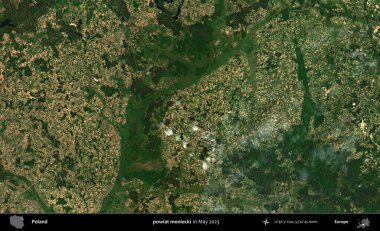powiat moniecki. Copernicus Sentinel 'in Mayıs 2023' te çekilmiş uydu görüntüsü üzerine Polonya 'nın idari bölgesi.