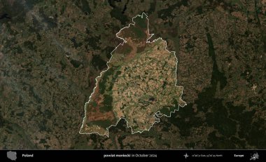 powiat moniecki. Polonya 'nın idari alanı, Ekim 2024' te çekilen Kopernik Nöbetçi karolarından oluşan koyu renkli bir uydu görüntüsü üzerine vurgulandı ve özetlendi