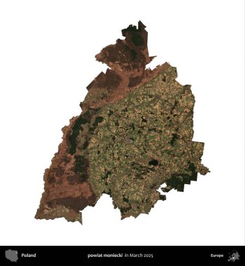 powiat moniecki. Polonya idari bölgesi, Mart 2025 'te çekilen Kopernik Nöbetçi karolarından oluşan bir uydu görüntüsü üzerinde beyaza izole edildi.