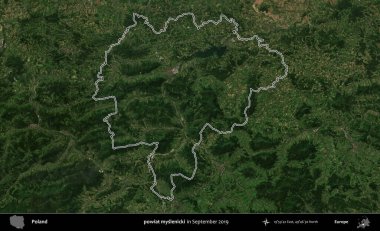 powiat myslenicki. Eylül 2019 'da çekilen Kopernik Nöbetçi karolarından oluşan bir uydu görüntüsü üzerine Polonya' nın idari bölgesinin ana hatlarını çizdim.
