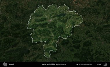 powiat myslenicki. Polonya 'nın idari alanı, Eylül 2019' da çekilen Kopernik Nöbetçi karolarından oluşan koyu renkli bir uydu görüntüsü üzerinde vurgulandı ve özetlendi.