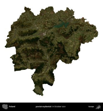 powiat myslenicki. Polonya idari bölgesi, Ekim 2021 'de çekilen Kopernik Nöbetçi karolarından oluşan bir uydu görüntüsü üzerinde beyaza izole edildi.