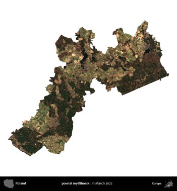 powiat mysliborski. Polonya idari bölgesi, Mart 2022 'de çekilen Kopernik Nöbetçi karolarından oluşan bir uydu görüntüsü üzerinde beyaza izole edildi.