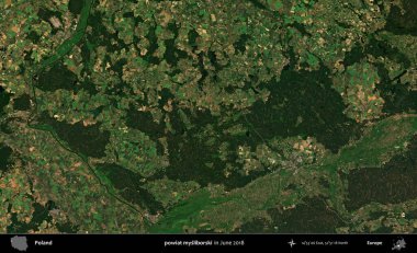 powiat mysliborski. Copernicus Sentinel 'in Haziran 2018' de çekilmiş uydu görüntüsü üzerine Polonya 'nın idari bölgesi