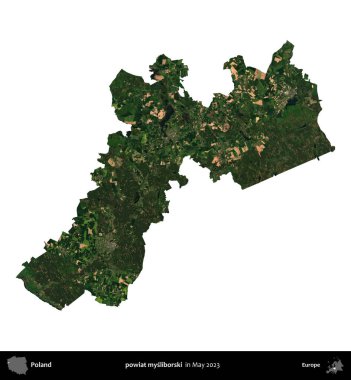 powiat mysliborski. Polonya 'nın idari bölgesi, Mayıs 2023' te çekilen Kopernik Nöbetçi Fayanslarından oluşan bir uydu görüntüsüyle beyaza izole edildi.