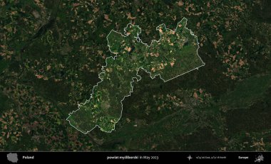 powiat mysliborski. Polonya 'nın idari alanı, Mayıs 2023' te çekilen Kopernik Nöbetçi karolarından oluşan koyu renkli bir uydu görüntüsü üzerinde vurgulandı ve özetlendi.